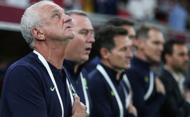 Sarah Arnold husband Graham Arnold was looking up in the sky at the time of the national anthem.